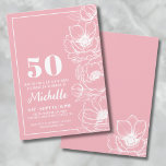Elegant Pink Floral 50th Birthday Kaart<br><div class="desc">Introductie van een chique en elegante uitnodiging voor een 50e verjaardagsfeestje, perfect om vijftig jaar oud in stijl te vieren. Het ontwerp heeft een vrolijke lichtroze achtergrond, bijna als een donkerdere blush roze, met delicate anemone bloemlijnkunst die langs de rechterkant loopt. Hoewel dit anemonenbloemen zijn, kunnen ze een vrij generieke...</div>