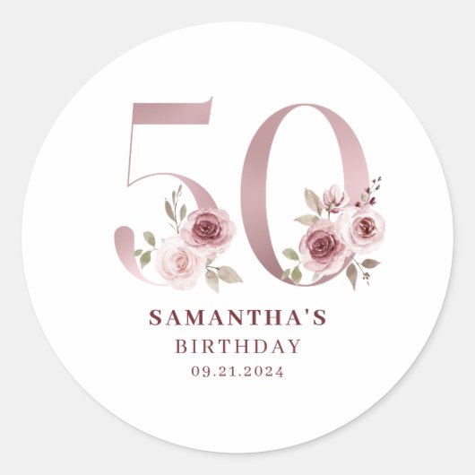 Elegant Pink Floral 50th Birthday Ronde Sticker (Voorkant)