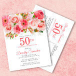 Elegant Pink Floral 50th Birthday Uitnodiging Briefkaart<br><div class="desc">Rozen, pinda's en bruinvissen creëer zomerroze bloemen. Buds en bladeren voegen een bijtende vibe toe. De 50ste wordt geschreven in een grote vetgedrukte tekst. Het kan voor elk jaar worden gewijzigd dat u wilt. De naam van de verjaardagsberoemde wordt geschreven in een elegant manuscriptdoopvont. De rug van het briefkaart verstrekt...</div>