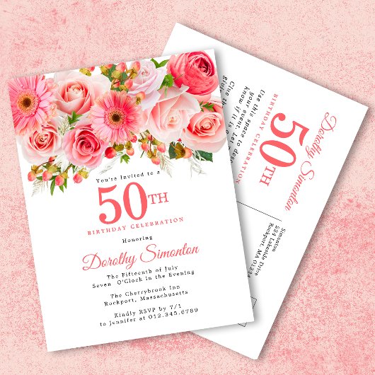 Elegant Pink Floral 50th Birthday Uitnodiging Briefkaart