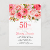 Elegant Pink Floral 50th Birthday Uitnodiging Briefkaart (Voorkant)