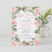 Elegant Pink Floral 50th Wedding Jubileum Party Kaart (Staand voorkant)