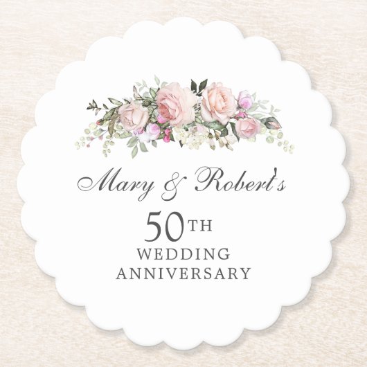 Elegant Pink Floral 50th Wedding Jubileum Party Kartonnen Onderzetters (Voorkant)