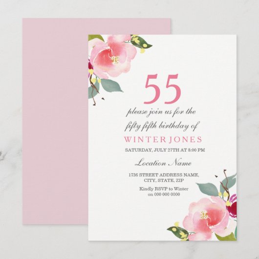 Elegant Pink Floral 55th Birthday Party Invitation Kaart (Voorkant / Achterkant)