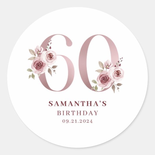 Elegant Pink Floral 60th Birthday Ronde Sticker (Voorkant)