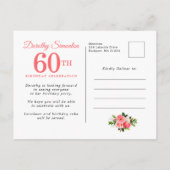 Elegant Pink Floral 60th Birthday Uitnodiging Briefkaart (Achterkant)