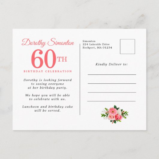 Elegant Pink Floral 60th Birthday Uitnodiging Briefkaart (Achterkant)