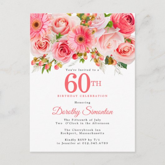 Elegant Pink Floral 60th Birthday Uitnodiging Briefkaart (Voorkant)