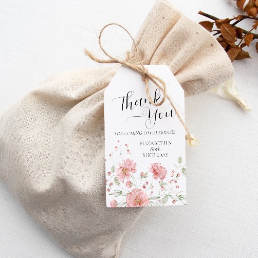 Elegant Pink Floral 80 e verjaardag Dank je wel Cadeaulabel