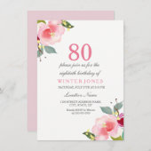 Elegant Pink Floral 80th Birthday Party Invitation Kaart (Voorkant / Achterkant)