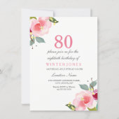 Elegant Pink Floral 80th Birthday Party Invitation Kaart (Voorkant)