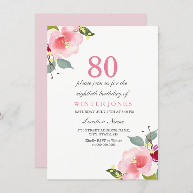 Elegant Pink Floral 80th Birthday Party Invitation Kaart (Voorkant / Achterkant)