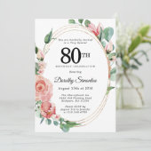 Elegant Pink Floral 80th Birthday Party Kaart (Staand voorkant)