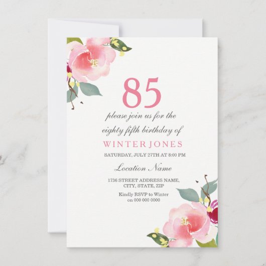 Elegant Pink Floral 85th Birthday Party Invitation Kaart (Voorkant)