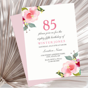 Elegant Pink Floral 85th Birthday Party Invitation Kaart