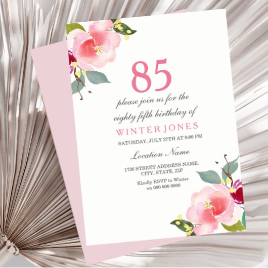 Elegant Pink Floral 85th Birthday Party Invitation Kaart