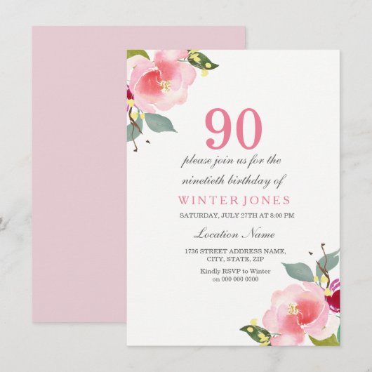 Elegant Pink Floral 90th Birthday Party Invitation Kaart (Voorkant / Achterkant)