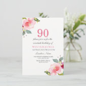 Elegant Pink Floral 90th Birthday Party Invitation Kaart (Staand voorkant)