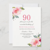 Elegant Pink Floral 90th Birthday Party Invitation Kaart (Voorkant)