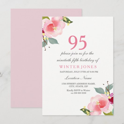 Elegant Pink Floral 95th Birthday Party Invitation Kaart (Voorkant / Achterkant)