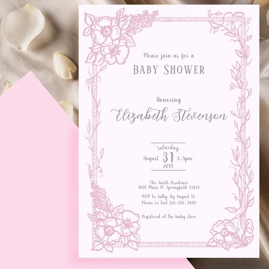 Elegant Pink Floral Baby Shower  Kaart