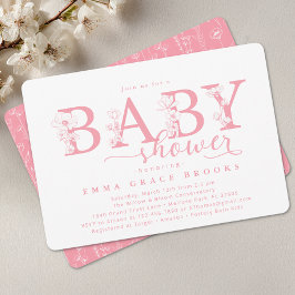Elegant Pink Floral Baby Shower Typography Kaart