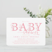 Elegant Pink Floral Baby Shower Typography Kaart (Staand voorkant)