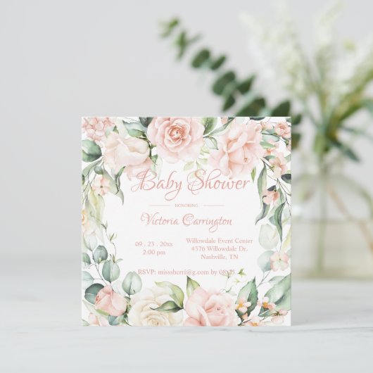 Elegant Pink Floral Baby shower Uitnodiging (Staand voorkant)