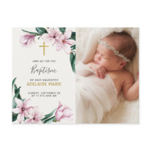 Elegant Pink Floral Baptism Gold Cross Foto