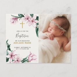Elegant Pink Floral Baptism Gold Cross Foto Briefkaart