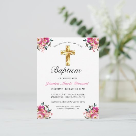 Elegant PInk Floral Baptism Invitation Briefkaart (Staand voorkant)