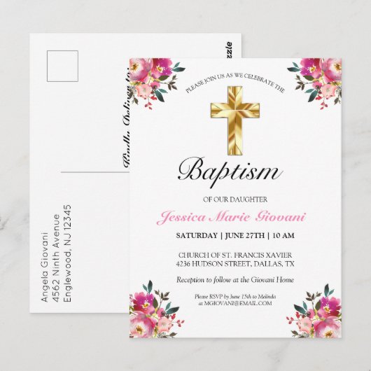 Elegant PInk Floral Baptism Invitation Briefkaart (Voorkant / Achterkant)