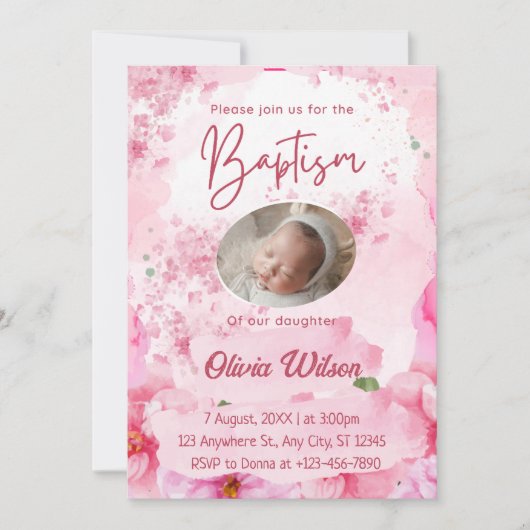 Elegant Pink Floral Baptism Uitnodiging voor Baby (Voorkant)