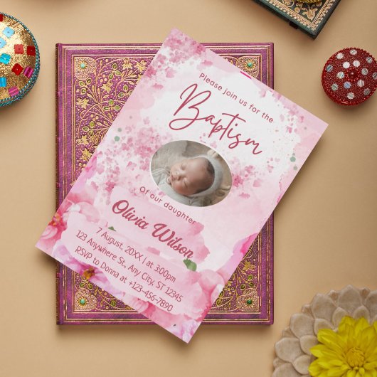 Elegant Pink Floral Baptism Uitnodiging voor Baby