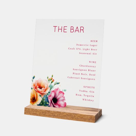 Elegant Pink Floral Bar Menu Acryl Bord (Hoek)