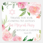 Elegant Pink Floral Bat Mitzvah Party Custom Vierkante Sticker (Voorkant)
