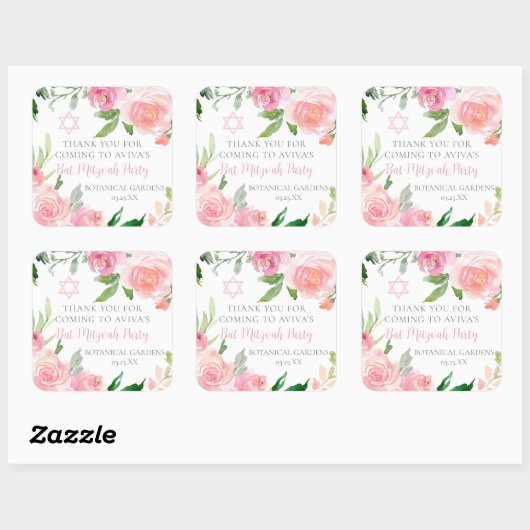 Elegant Pink Floral Bat Mitzvah Party Custom Vierkante Sticker (Vel)