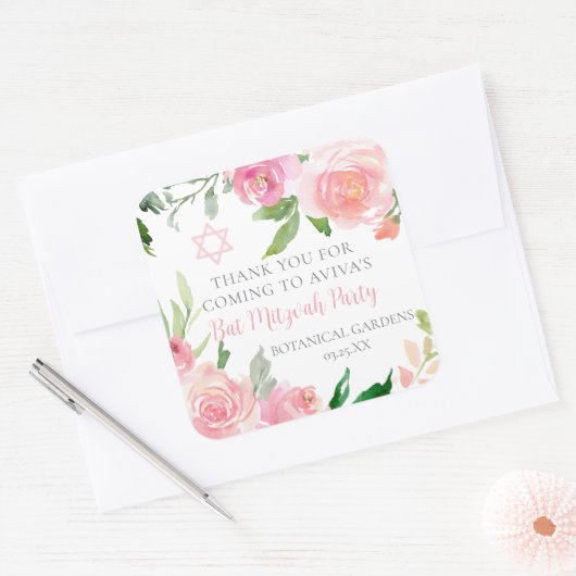 Elegant Pink Floral Bat Mitzvah Party Custom Vierkante Sticker (Envelop)
