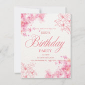 Elegant Pink Floral Birthday Invitation Aankondiging (Voorkant)