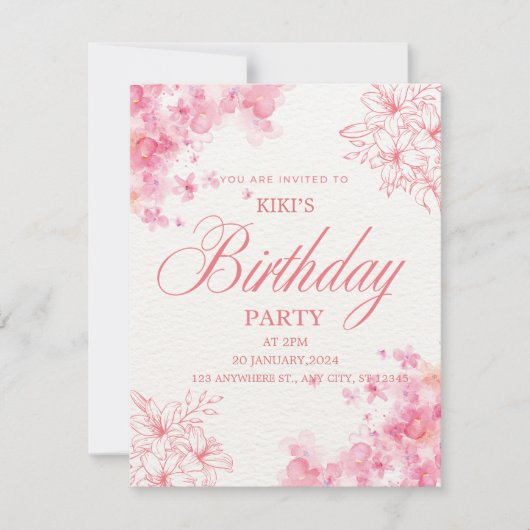 Elegant Pink Floral Birthday Invitation Aankondiging (Voorkant)
