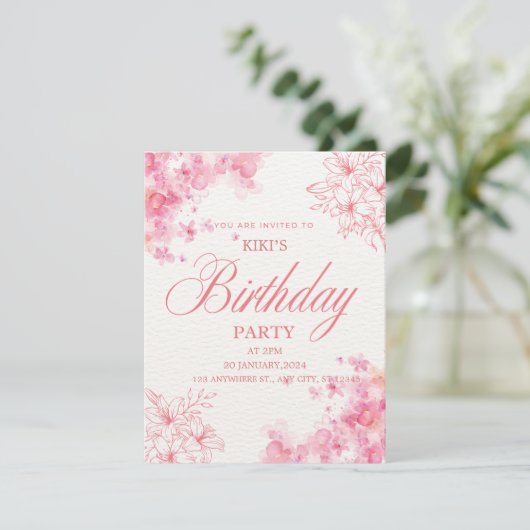Elegant Pink Floral Birthday Invitation Aankondiging (Staand voorkant)