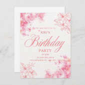 Elegant Pink Floral Birthday Invitation Aankondiging (Voorkant / Achterkant)