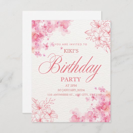 Elegant Pink Floral Birthday Invitation Aankondiging (Voorkant / Achterkant)