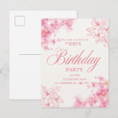 Elegant Pink Floral Birthday Invitation Aankondigingskaart (Voorkant / Achterkant)