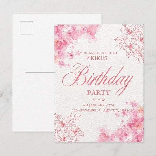 Elegant Pink Floral Birthday Invitation Aankondigingskaart (Voorkant / Achterkant)