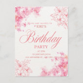 Elegant Pink Floral Birthday Invitation Aankondigingskaart (Voorkant)