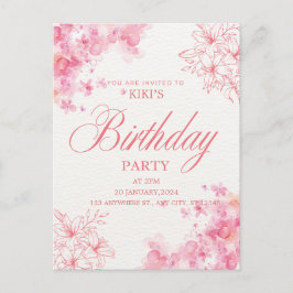 Elegant Pink Floral Birthday Invitation Aankondigingskaart
