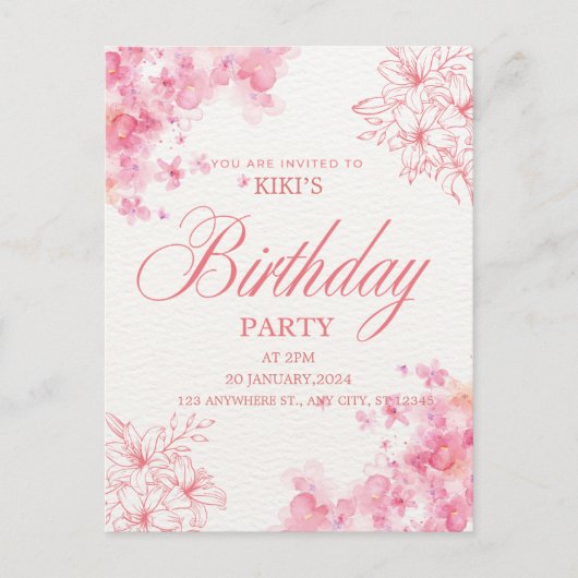 Elegant Pink Floral Birthday Invitation Aankondigingskaart (Voorkant)