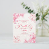 Elegant Pink Floral Birthday Invitation Aankondigingskaart (Staand voorkant)