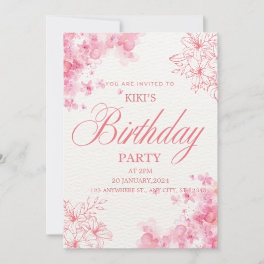 Elegant Pink Floral Birthday Invitation Bedankkaart (Voorkant)